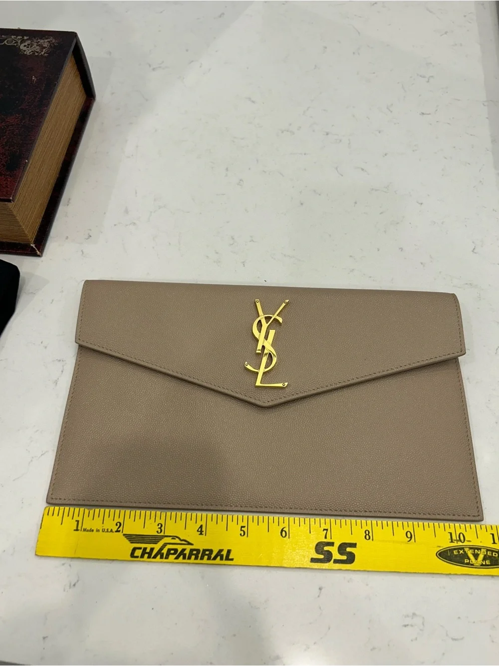 Saint Laurent Taupe Envelope Clutch with Gold YSL Hardware